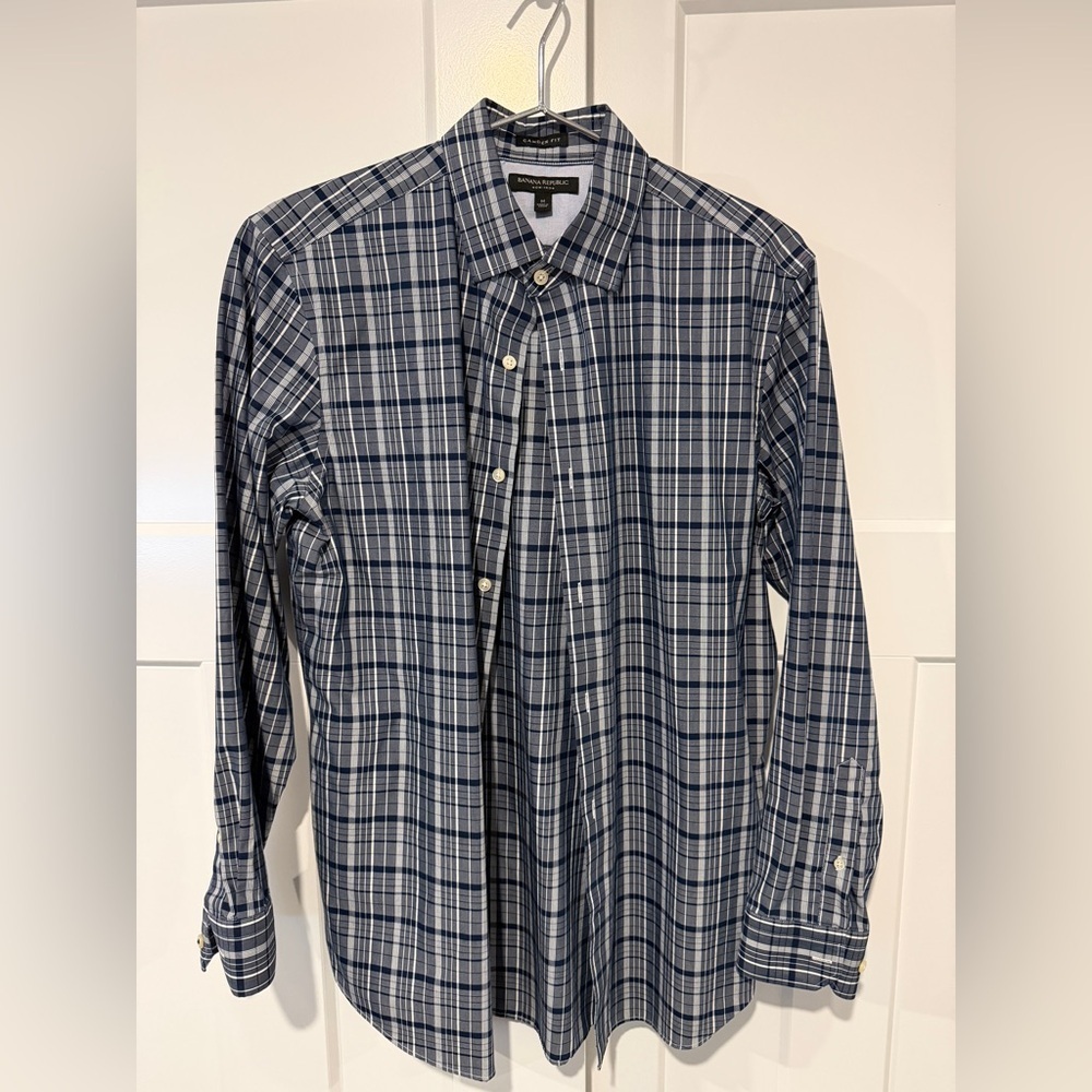 Banana Republic Men's Navy Plaid Non-Iron  Shirt